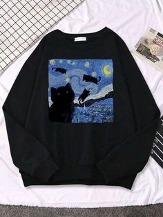 Oil Painting Black Cat Starry Night Printing Hooded Unisex Sports Fashion New Hoodies Fleece Warm Sweatshirt Loose Oversized Hoody Easy 30 day return policy Cat Starry Night, Sports Fashion, Selling Clothes, Really Cute Outfits, Casual Style Outfits, Dream Clothes, Look Cool, Outfit Inspirationen, Beautiful Outfits