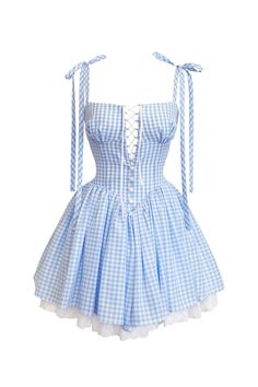 This gingham blue mini dress exudes a sweet retro vibe with its large shoulder straps and charming criss-cross self-tie detailing at the bust. Delicate embroidered fabric lining and cute crunched details complete the design, creating a playful yet elegant look perfect for casual occasions. Details: Mini dress in gingham blue Large self-tie shoulder straps Fully lined Tight fit Hidden in-seam back zip closureFabric-covered buttonsVoluminous skirt Composition: Shell: 100% Polyester Lining: 100% Po Cute Mini Dress With Tie Straps, Cute Ruffled Strap Dresses For Picnic, Cute Sleeveless Corset Dress For Summer, Vintage Plaid Mini Dress For Summer, Cute Spaghetti Strap Dress For Picnic, Gingham Dress With Ruffled Straps For Summer, Gingham Mini Dress With Ruffles And Square Neck, Cute Gingham Mini Dress For Summer, Cute Plaid Mini Dress For Picnic