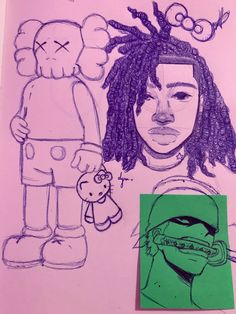 a drawing of a person with dreadlocks and a teddy bear