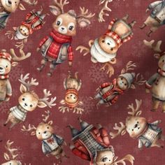 a red christmas fabric with reindeers and snowflakes