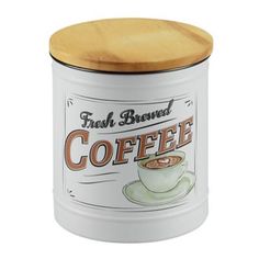 a white coffee canister with a wooden lid that says fresh blend coffee on it