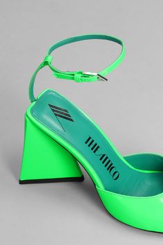 Upper: 69% Polyurethane, 20% Polyester, 11% Cotton Insole lining: 100% Goat leather Sole: 100% Bovine leather Trendy Leather Ankle Strap Heels, Trendy Leather Heels With Contrasting Heel Counter, Green Slingback Pumps With Open Heel, Trendy Leather Sandals With Padded Heel, Green Leather Closed Toe Slingback Pumps, Modern Green Ankle Strap Heels, High Heel Patent Leather Sandals With Removable Insole, Chic Closed Toe Sandals With Contrasting Heel, Bold Leather Party Heels