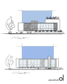 two drawings of the front and side of a building