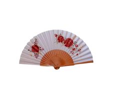 an orange and white hand fan with flowers on the front, against a white background