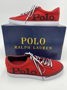 Polo Ralph Lauren Men Low Top Sneakers Sayer SK VLC Red Recycled Canvas Size: 7 D New in Box Retail: $65 DETAILS - Inspired by classic court sneakers, the Sayer combines lightweight vulcanized construction with a clean-lined canvas upper and refined suede accents.  This version is made with cotton and features bold logo lettering at the side. - Padded collar, suede-trimmed heel and tongue - "Polo" printed at the outer side and debossed at the heel - Lined with cotton twill, collar lined with fau Polo Shoes, Athletic Models, Bold Logo, Recycled Canvas, Sperry Sneaker, Low Top Sneakers, Polo Ralph Lauren Mens, Ralph Lauren Men, Shoe Game