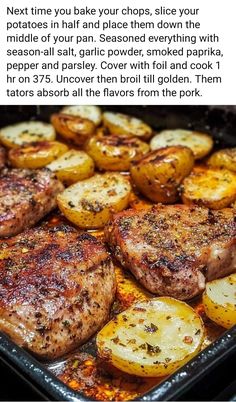 some meat and potatoes in a pan on the stove with an instagram post about how to cook them