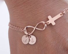 Personalized Infinity Bracelet. Initials Rose Gold Bracelet. - Etsy Hypoallergenic Rose Gold Infinity Jewelry, Personalized Infinity Rose Gold Jewelry, Personalized Rose Gold Infinity Jewelry, Rose Gold Jewelry With Adjustable Chain For Best Friend, Adjustable Rose Gold Jewelry For Bridesmaid Gift, Sister Wife, Mom And Sister, Rose Gold Bracelet, Tiffany Heart