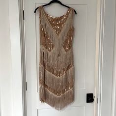 Beautiful 1920’s Style Unworn Babeyond Flapper Dress! Rosey Beige With Gold Sequin Detail. Mid-Length, Size Medium, 38” In Length From Shoulder. Stunner! 1920s Sleeveless Evening Dress, 1920s Style Sleeveless Evening Dress, Summer Cocktail Dresses In Art Deco Style, Vintage Knee-length Flapper Dress For Party, Vintage Fitted Flapper Dress For Cocktail, Sleeveless Vintage Flapper Dress For Vintage Events, Vintage Knee-length Flapper Party Dress, Fitted Vintage Flapper Dress For Cocktail, Vintage Summer Evening Flapper Dress