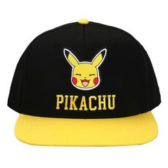 Celebrate your favorite electric mouse with this Pokemon snapback cap. The hat comes in black with a yellow brim and features an image of Pikachu’s smiling face while yellow letters below the character spell out his name. The hat is equipped with an adjustable snapback feature and measures 56 cm. Fans of the Pokemon games will love this comfy snapback hat. Pokemon Headbands, Pikachu Hat, Pokemon Hat, Yellow Letters, Pokemon Sketch, Pokemon Party, Black Snapback, Pokemon Pikachu, Air Jordan Sneakers