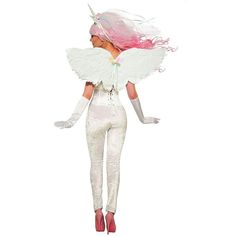 a woman dressed in white with pink hair and wings