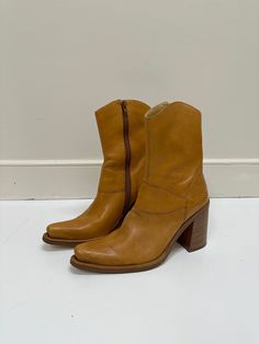 Tan leather Cowboy boots with square pointed toe & chunky heel 2 in heel In very good condition Authentic Leather Made In Brazil Size: 8.5 Ankle Cowgirl Boots, Leather Cowboy Boots, Cowboy Western, Western Cowboy Boots, Western Cowboy, Cowgirl Boots, Chunky Heel, Western Boots, Boot Shoes Women