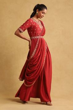 Red saree dress featuring thread embroidery with sequin embellishments. Comes with matching dupatta and belt. - Aza Fashions Red Anarkali Dress With Sequins, Embroidered Anarkali Set For Evening Festivals, Embellished Traditional Drape Dresses For Navratri, Embellished Dress For Navratri Festival, Elegant Draped Dress With Resham Embroidery, Embellished Dress For Festive Navratri Season, Red Dress With Pallu And Traditional Drape, Festive Embellished Saree Dress, Red Sequined Dress For Navratri