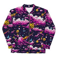 Add a little zing to your wardrobe with this vibrant All-Over Print Bomber Jacket. Wear it on a basic t-shirt, or layer it on top of a warm hoodie--it'll look great either way. With a brushed fleece inside, and a relaxed unisex fit, this Bomber Jacket is just the stuff of the dreams, so be quick to grab yourself one! * 100% polyester * Fabric weight: 6.49 oz/yd² (220 g/m weight may vary by 5% * Brushed fleece fabric inside * Unisex fit * Overlock seams * Sturdy neck tape * Silver YKK zipper * 2 All Over Print Long Sleeve Streetwear Outerwear, Cotton Outerwear With All Over Print For Fall, Casual Pink Outerwear With Graphic Print, Pink Cotton Urban Outerwear, Urban Style Pink Cotton Outerwear, Trendy Graphic Print Track Jacket For Winter, Trendy Winter Track Jacket With Graphic Print, Winter Cotton Track Jacket With Graphic Print, Winter Streetwear Outerwear With All Over Print