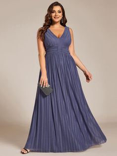 Plus Size Sleeveless V-Neck Pleated A-Line Formal Evening Dress #color_Dusty Navy Sophisticated Plus Size, Plus Size Evening Dress, A Line Evening Dress, Formal Evening Dress, Evening Dresses Plus Size, Ever Pretty, Luxurious Fabric, Dress Dusty, Feminine Silhouette