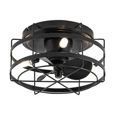 an industrial style ceiling light with caged design and two lights on the front side