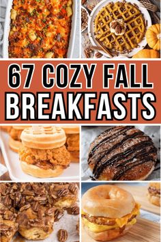 collage of different breakfast foods including waffles, burgers and other items