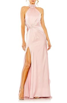 Ruched Gown, Prom 2024, Halter Gown, Shell Pink, Black Tie Dress, Western Chic, Satin Gown, Mac Duggal, Pink Style