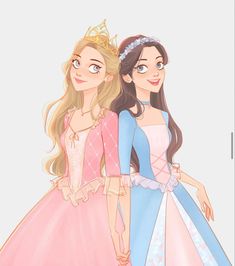 two girls in princess dresses standing next to each other