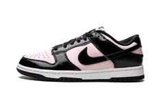 The Women’s Nike Dunk Low “Pink/Black Patent” is a women’s-exclusive colorway of the vintage basketball shoe with a patent leather design.  The “Pink/Black Patent” version of the Dunk Low updates the popular sneaker in women’s sizing with glossy black patent leather overlays against a Pink Foam-colored leather base.  Specifically, the toe, forefoot, eyelets, quarter panel and Swoosh are all designed in black patent leather.  A white midsole and black rubber outsole complete the look.  Release da Womens Dunk Low, Wmns Dunk Low, Pink And Black Nikes, Black Patent Shoes, Retro Running Shoes, Vintage Basketball, Popular Sneakers, Nike Air Max For Women, Patent Shoes