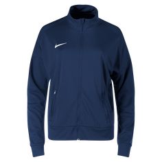 Nike Women's Academy Pro 24 Track Jacket. Full-zip slim fit jacket. Front zip pockets. Embroidered Nike swoosh. Dri-FIT technology. 100% polyester. Sporty Long Sleeve Outerwear For Team Events, Sporty Long-sleeve Outerwear For Team Events, Navy Nike Track Jacket For Sports, Nike Navy Track Jacket For Sports, Nike Functional Outerwear For Sports Events, Nike Long Sleeve Outerwear For Sports Events, Nike Long Sleeve Navy Track Jacket, Nike Technical Moisture-wicking Outerwear, Nike Navy Sports Outerwear