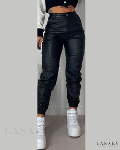 Lasaky - Cuffed PU Leather Pants with Exquisite Pocket Design Pleather Pants, Fall Pants, Leather Pants Women, Chic Type, Professional Attire, Leather Trousers, Fall Fashion Outfits, Mode Outfits, Pocket Design