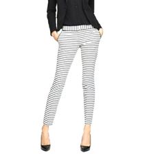 Nwt Express Columnist Ankle Black And White Striped Pant. These Pants Are A Size 2 Are And Fitted Through The Hip And Thigh Areas. These Pants Have Two Front Pockets, But No Back Pockets. The Price Of These Pants Includes The 20% Seller's Fees Paid To The Site. Trendy Striped Pants For Work, Elegant Striped Stretch Pants, Chic Striped Fitted Bottoms, Chic Striped Workwear Pants, Casual Striped Pants For Office, Chic Striped Tapered Leg Pants, Spring White Pants For Office Wear, White Pants For Office Wear In Spring, White Pants For Spring Office Wear