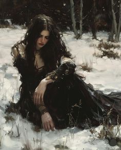 a painting of a woman sitting in the snow with her hands on her knees,