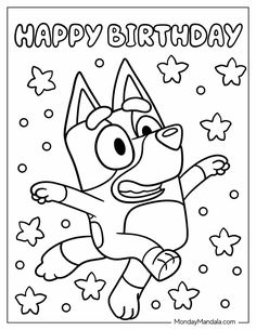 happy birthday coloring page with an image of a cat in the air and stars around it