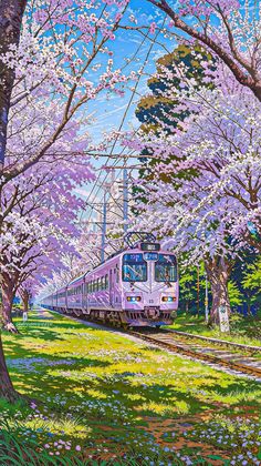 a painting of a train going down the tracks in front of cherry blossoms on trees