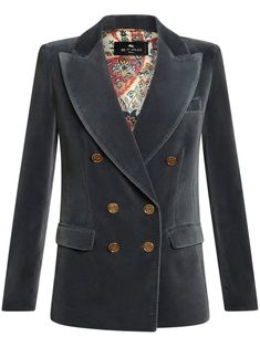 99TCE01B6214 ETRO LOGO-ENGRAVED BUTTONS VELVET BLAZER Suede Blazer, Velvet Blazer, Double Breasted Jacket, Velvet Jacket, Dolce E Gabbana, Blue Suede, Grey Cotton, Denim Pant, Gray Jacket