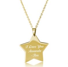 "This personalized gold star necklace makes a great personalized gift for the star in your life! Make your necklace personal by engraving a name, date, or monogramming initials. This high polished stainless steel star pendant will never change color, corrode, or fade. Both sides of the custom silver star pendant can be engraved with your choice of font. Dimensions: 0.75\" x 0.75\" If a logo is chosen we can not fit any text  on the same side How To Send Engraving Instructions: When you are ready to order click ADD TO CART.  During checkout fill out the ADD A NOTE section with your engraving instructions. You can also send a message before purchase to discuss the engraving you would like." Star-shaped Engraved Necklace For Gift, Personalized Star-shaped Jewelry As A Gift, Personalized Star-shaped Jewelry For Gift, Personalized Star-shaped Jewelry Gift, Personalized Star Necklaces For Mother's Day, Personalized Star-shaped Yellow Gold Jewelry, Personalized Star Necklaces For Birthday Gift, Personalized Star Necklace For Birthday, Personalized Star-shaped Necklace For Gifts