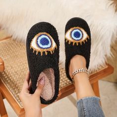 Women's Size 7.5/8 Winter Evil Eye Indoor Slippers New With Tags Black Flat Heel Slippers For Spring, Black Round Toe Slippers For Spring, Black Synthetic Slip-on Slippers, Trendy Black Slippers, Trendy Black Slippers For Spring, Black Flat Slippers For Spring, Trendy Black Spring Slippers, Black Closed Toe Synthetic Slippers, Casual Black Non-slip Slippers