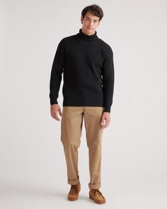 Meet your transitional wardrobe hero. As the temperature starts to drop, layer up with this timeless turtleneck sweater. Made from 100% organic cotton, it's soft on your skin and timeless by design. With a classic ribbed design and contrast trim, it pairs equally well with jeans and dressier trousers.  | Quince | Men's Turtleneck Sweater in Black, Size Medium, Organic Cotton Solid Cotton Turtleneck For Winter, Cotton Turtleneck For Winter, Cotton Winter Turtleneck, Winter Cotton Solid Color Turtleneck, Winter Solid Color Cotton Turtleneck, Classic Ribbed Turtleneck For Workwear, Solid Cotton Turtleneck For Layering, Cotton Turtleneck For Layering, Classic Turtleneck With Funnel Neck For Layering