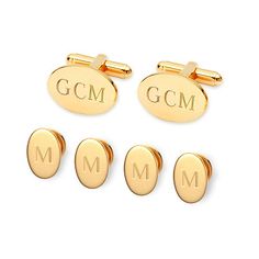 This is the perfect formal set to wear with a tuxedo. The set includes one pair of cuff links and four shirt studs, meant to be used in place of shirt buttons. These feature a raised rim and personalization is available.Engrave up to 3 letters on cuff links at no chargeStuds will be engraved with the third letter (your last name initial) automaticallyFeatures: EngraveableMetal Color: Gold ToneBase Material: 100% BrassCare: Wipe CleanMetal: BrassCountry of Origin: Made in US Classic Gold Sets For Formal Occasions, Classic Gold Formal Sets, Classic Gold Wedding Sets, Classic Gold Sets For Business, Classic Gold Suit And Tie Accessories For Formal Occasions, Classic Gold Suit And Tie Accessories For Formal Events, Classic Cufflinks For Business And Father's Day, Classic Cufflinks For Father's Day, Classic Gold Formal Cufflinks