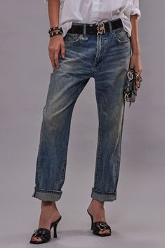 R13's classic straight leg boyfriend jean. Built with Japanese rigid indigo denim 13.5oz. Medium-dark indigo wash with a mild wear pattern and knee rips. Color: Dawson Blue 100% Cotton R13W5083- D207C Imported R13 Denim, Boyfriend Jean, Indigo Denim, Japanese Denim, Skirt Jumpsuit, High Waist Fashion, Dark Indigo, Short Jacket, Premium Denim