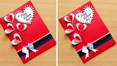 two valentine's day cards with hearts and bows on the front, one is folded in