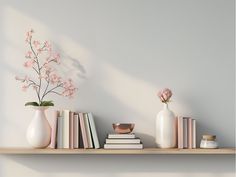 some books and vases on a shelf with pink flowers in the corner next to them