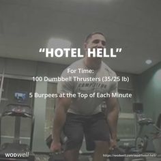 a man standing in front of a gym machine with the words hotel hell on it