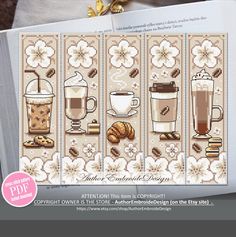 the cross stitch pattern shows different types of coffees and pastries, as well as an open book