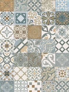 an assortment of different colored and patterned tile designs in various sizes, shapes and colors