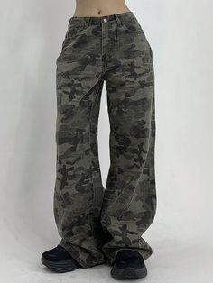 Loose Fit Flare Leg Long Jeans For Women, Camo Denim Pants Medium Wash Casual   Denim Camo,All Over Print Wide Leg Non-Stretch All Women Clothing, size features are:Bust: ,Length: ,Sleeve Length: Grey Colour Suit, Camo Jeans, Fleece Tights, Jean Bleu, Cropped Leather Jacket, Camo Pants, Long Jeans, Womens Tights, Jeans For Women