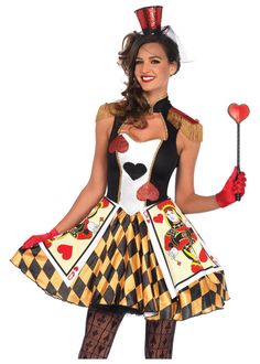 a woman dressed in a clown costume holding a heart shaped lollipopo wand