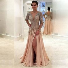 V Neck Long Sleeves Split Side Mother of the Bride Dress Split Prom Dresses, Long Sleeve Prom, Beaded Chiffon, Backless Prom Dresses, Pink Tulle, Prom Dresses With Sleeves, Prom Dresses Long With Sleeves, Chiffon Prom Dress, Long Prom Dress