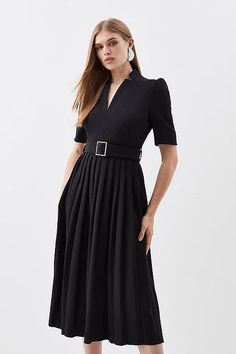 Formal Dresses | Occasion Dresses & Evening Gowns | Karen Millen Belted Midi Dress, Style Savvy, Tailored Dress, Black Midi, Pleated Midi Dress, Karen Millen, Elbow Length Sleeve, Crepe Fabric, Black Midi Dress