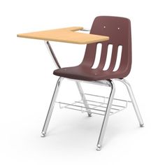 a school chair with a desk attached to the back and seat, on an isolated white background