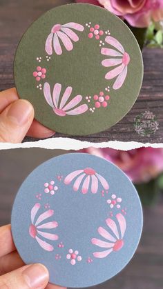 two pictures of the same sticker with pink flowers on it, and one is green