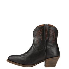 Take a shortcut to instant style with the Darlin. Made of handcrafted leather with a just-right heel, these booties add Western flair to whatever you pair them with (jeans, cutoffs, you name it). Darlin Western Boot | Product Features : 0 : 4LR™ lightweight stabilizing shank for support, 1 : Premium full-grain leather foot and upper, 2 : Removable All Day Cushioning insole, 3 : Duratread™ sole for maximum wear, 4 : Unique Western inspired stitching | Women's Darlin Western Boots in Old Black Lea Ariat Ankle Boots, Ariat Riding Boots, Botas Western, Lane Boots, Everyday Boots, Country Attire, Saddle Accessories, Leather Halter, Riding Gloves