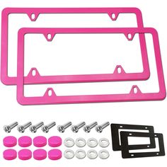 two pink license plates with screws and hardware