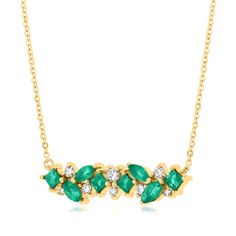 .60 ct. t.w. Emerald and .17 ct. t.w. Diamond Bar Necklace in 14kt Yellow Gold. 16" | Ross-Simons Emerald And Diamond Necklace, Emerald Necklace Pendant, Necklace Emerald, Diamond Bar Necklace, Emerald Birthstone, Diamond Heart Pendant Necklace, Detailed Necklace, Fine Jewelery, Diamond Bar