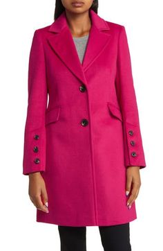 Make a chic impression in sophisticated jacket cut from a rich wool blend for cool-weather warmth. 36" length (size 8) Front button closure Notched lapels Front flap pockets Lined 55% polyester, 40% wool, 5% other fibers Dry clean Imported Magenta Outfit, Winter Outfits For Women, Fall Wardrobe Essentials, Collar Coat, Twill Jacket, Collared Coat, Wool Blend Coat, Notch Collar, Made Clothing